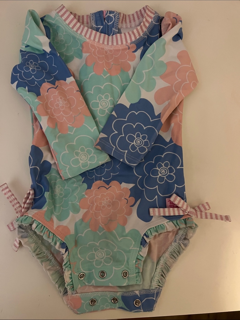 Ruffle Butts Long-Sleeve Floral Rashguard Swimsuit - Blue, Mint & Peach